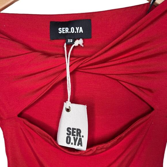 NWT SER•O•YA Red Cropped Ellis Top Long Sleeves Peek a Boo Cutout Detail Size XS - Picture 6 of 11